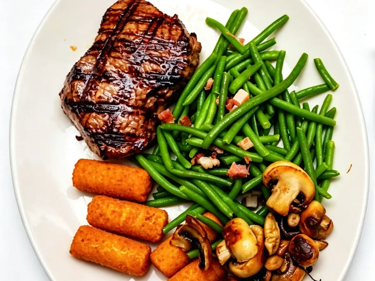 Rumpsteak mit Grillspuren, grünen Bohnen, Kroketten und Champignons