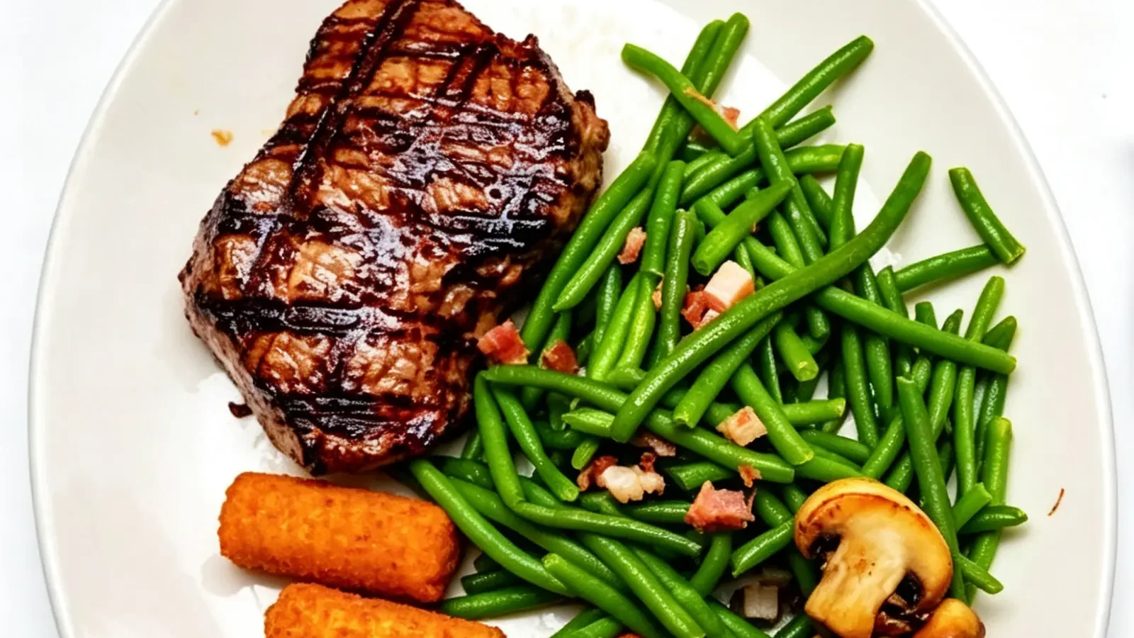 Gegrilltes Rumpsteak mit deutlichen Grillspuren, dazu Bohnen, Kroketten und Champignons auf weißem Teller