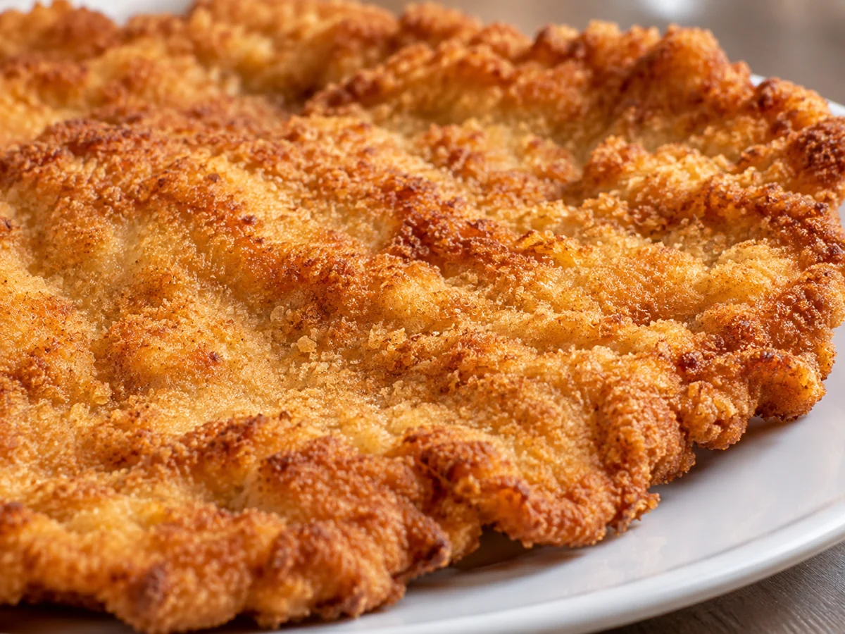 Bildillustration: Nahaufnahme der goldbraunen, knusprigen Panade eines Schnitzels